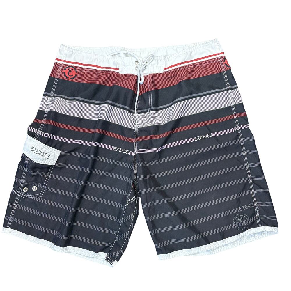 Ezekiel Board Shorts 37 Black Striped Beach Swimwear Trunks Surf Vacation